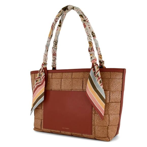 Zac Posen Auburn Posen Medium Tote Basketweave Tan Brown Scarf Handle